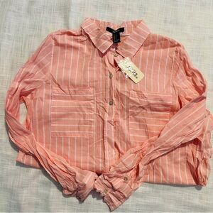 NEW Forever 21 F21 Women pink striped button up light weight shirt top, size S